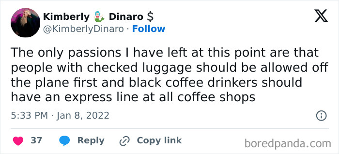 Millennial life meme about priorities: checked luggage first and express lines for black coffee drinkers.