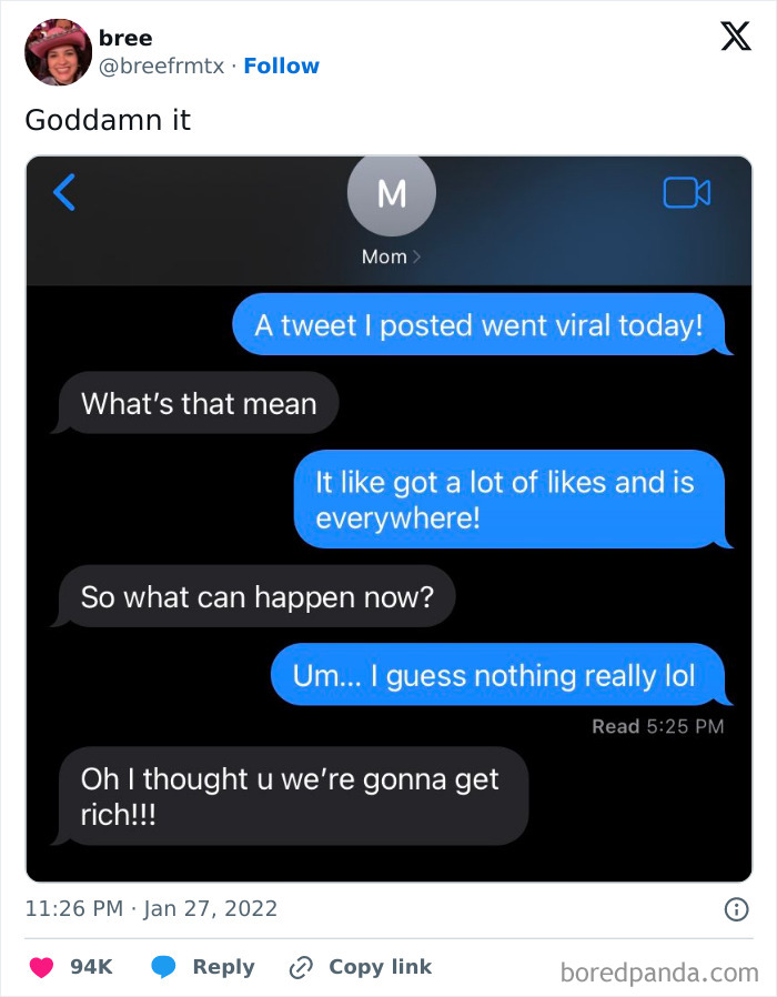 Screenshot of a funny text exchange about a tweet going viral, highlighting a misunderstanding.