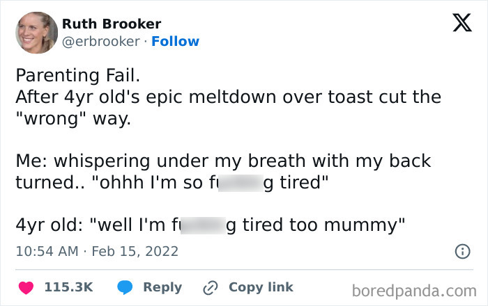 Tweet about awkward parents-kids conversation, discussing a humorous incident over a child's meltdown about toast.