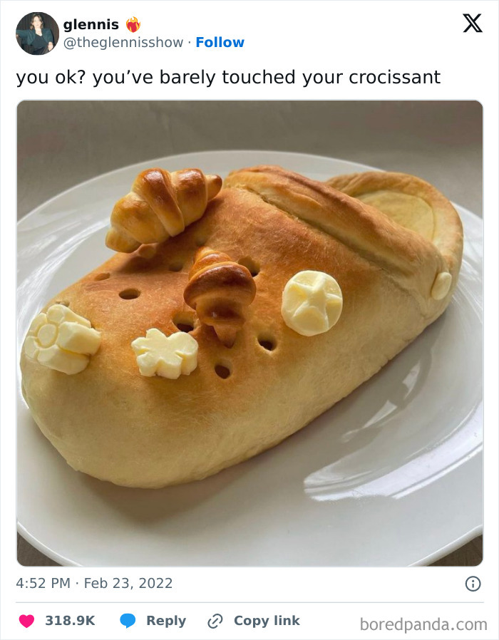 Bread in the shape of a shoe with croissant decorations, captioned humorously about untouched “crocissant.”