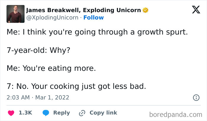 Tweet screenshot featuring a funny conversation with a 7-year-old about cooking skills.