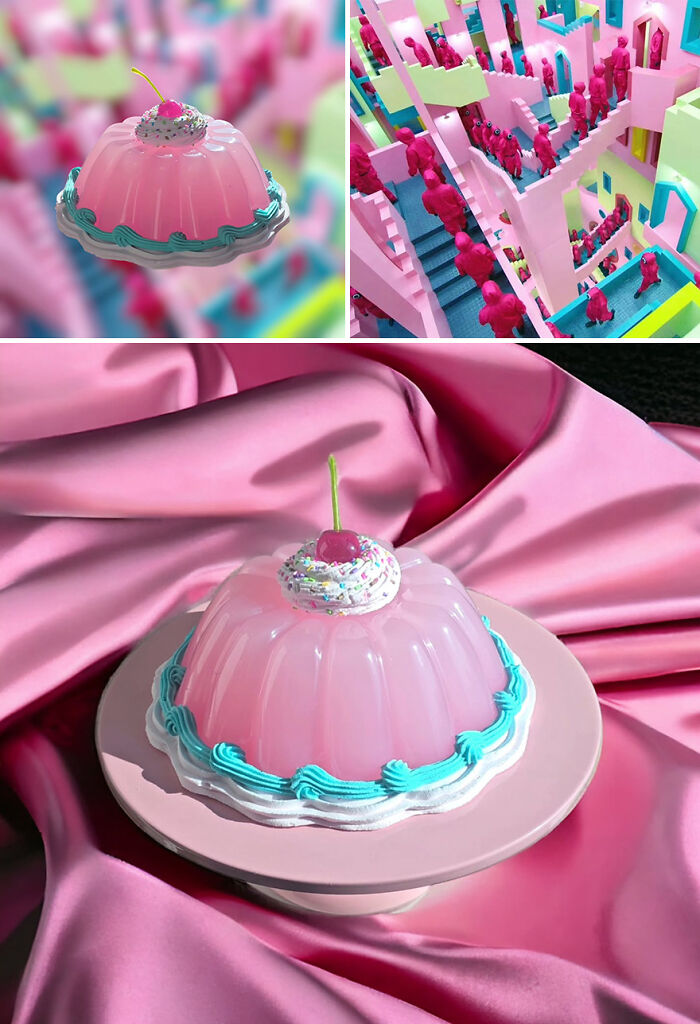 Artist's cake-inspired storage box with pastel colors and whimsical design influenced by famous movies and series.