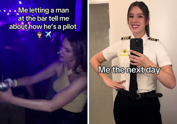 Woman listening to a man's story in a bar; next day, wearing a pilot uniform, part of TikTok mansplain trend.