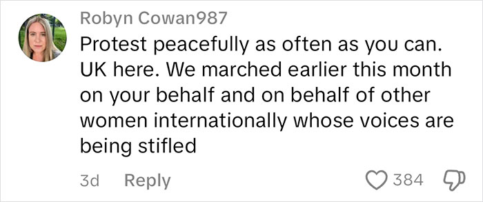 Comment by user urging peaceful protest, supporting international women's voices in current affairs; received 384 likes.