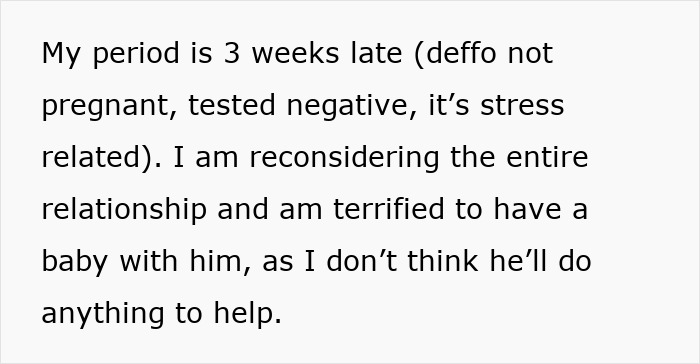 Text expressing a woman questioning her relationship due to stress and lack of help from her boyfriend.