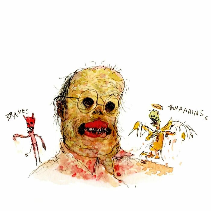 Goofy yet disturbing illustration featuring a ghastly face, devil figure, and skeleton angel.