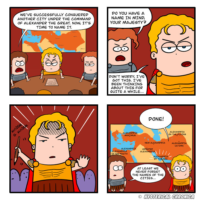 Comic strip featuring Alexander the Great humorously naming cities after conquering them.