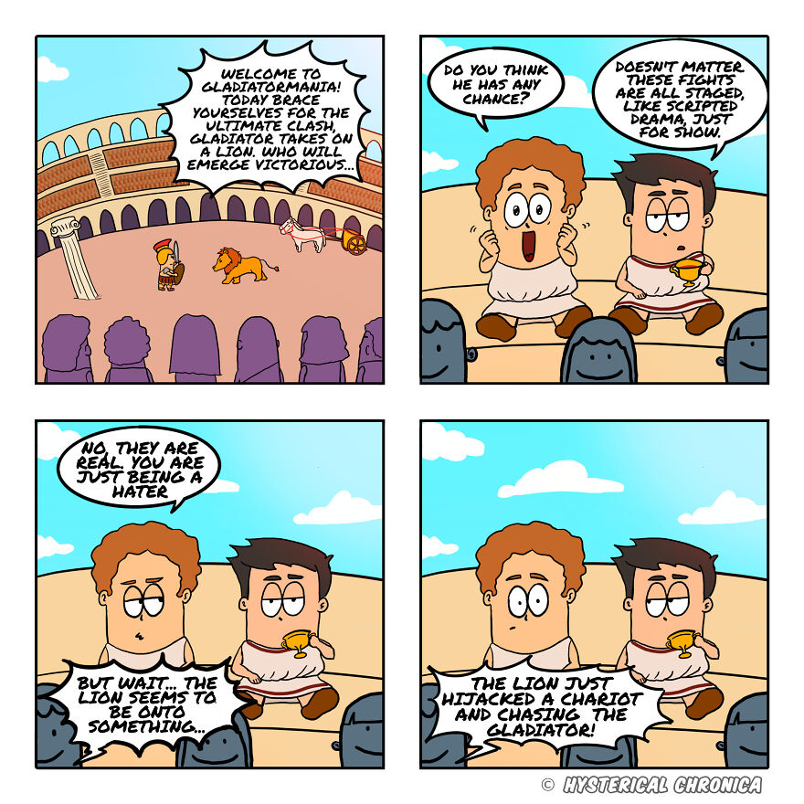 Comic about relatable history struggles: spectators watch a lion and gladiator in the arena, discussing if fights are scripted.