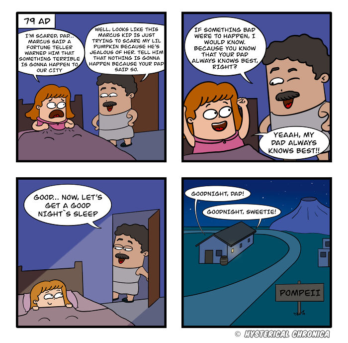 Comic strip showing historical characters dealing with modern struggles, set in ancient Pompeii.