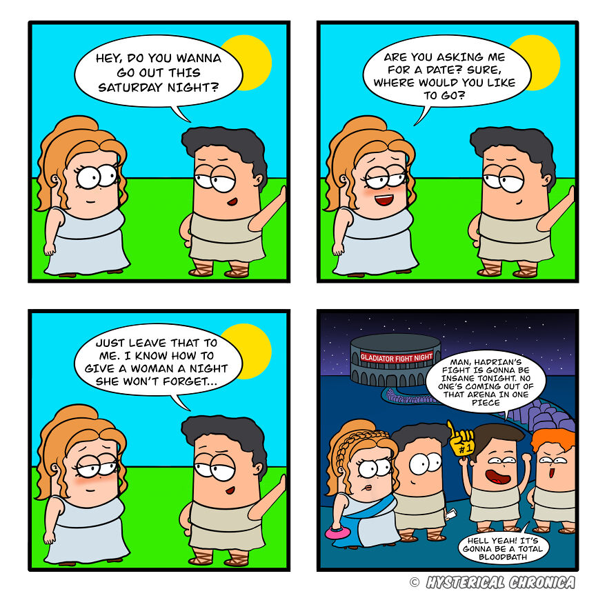 Cartoon characters in historical attire planning a Saturday night out, highlighting everyday struggles through comic humor.