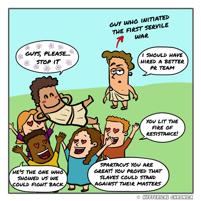 Comic featuring historical characters dealing with modern struggles, depicting admiration and conversation bubbles.