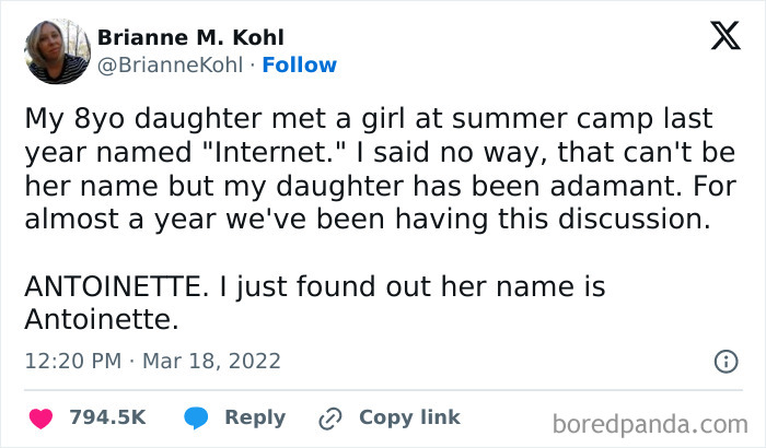 Tweet about an 8-year-old confusing "Internet" with Antoinette; humorous misunderstanding. Dumb-Clueless-Kids moment.