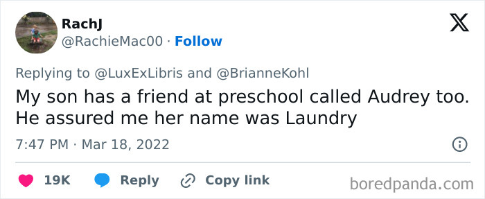 Tweet about a child's humorous misinterpretation of a friend's name, highlighting dumb-clueless-kids moments.