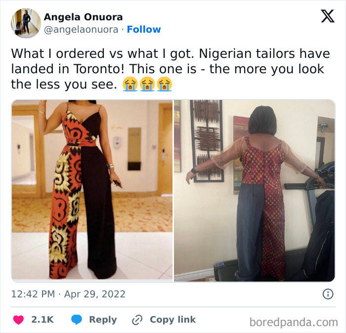 Comparison of a fashionable dress and a low-quality item received on social media.