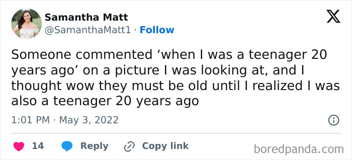 Millennials humor tweet about realizing teenage years were 20 years ago.