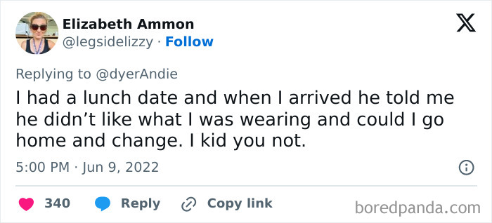 Tweet describing awkward date moment about outfit criticism during a lunch date.