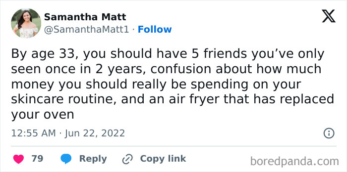 Tweet humor about millennials' lifestyle at age 33 featuring friendship, skincare, and air fryer trends.