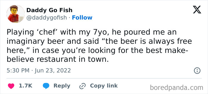 A tweet about a humorous moment in awkward parents-kids conversations involving an imaginary beer at a make-believe restaurant.