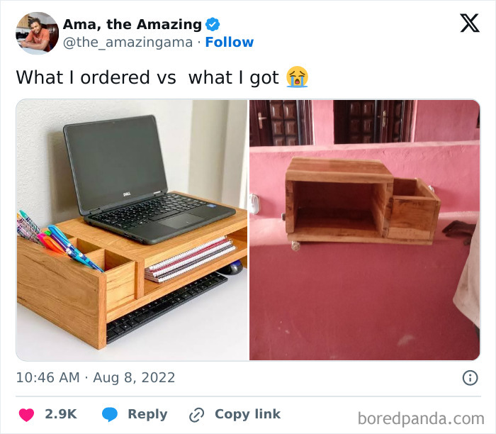 Comparison of ordered versus received low-quality wooden desk organizer.