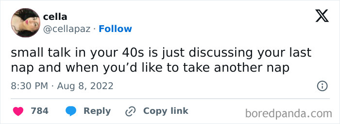 Tweet humorously depicting life in your 40s: discussing naps.