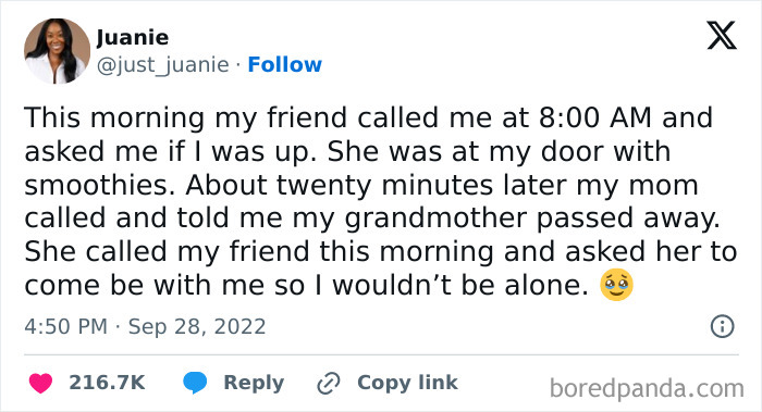 Text showing a touching act of kindness: a friend unexpectedly supports another during a difficult time.