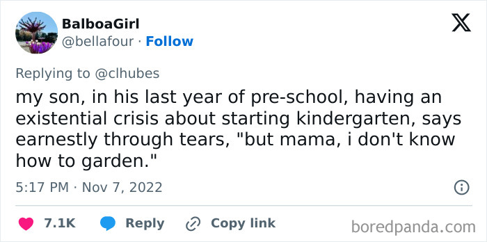 Tweet about an awkward parent-kid conversation, discussing a child's concern about starting kindergarten.