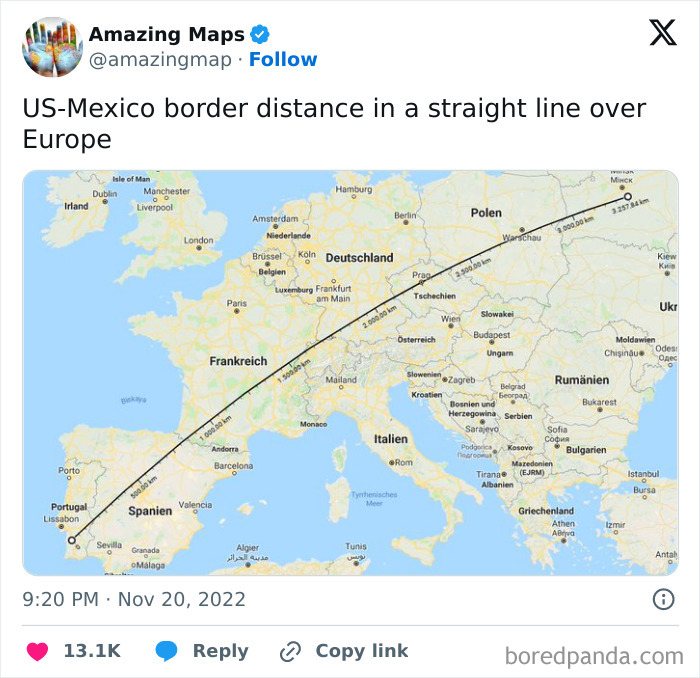 Map showing US-Mexico border distance as a straight line across Europe, highlighting perspective changes.