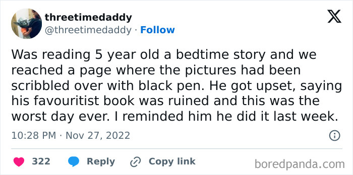 Tweet about a kid upset over scribbled pictures in a book; the irony was he did it. Dumb-Clueless-Kids moment shared by threetimedaddy.