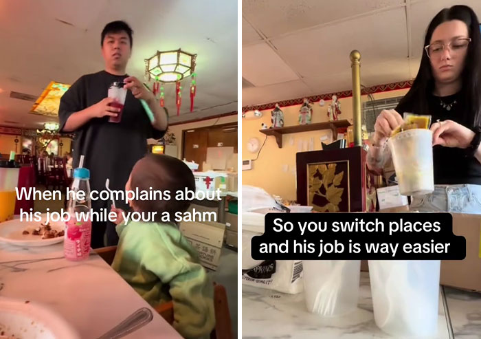 Two people humorously illustrating the "letting a man mansplain" trend on TikTok, swapping roles in daily tasks.