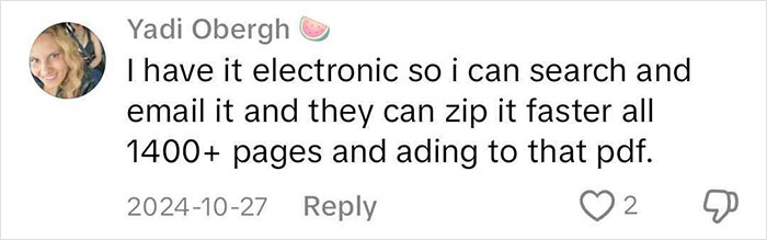 Comment on medical binder hack, discussing electronic document of 1400+ pages. Comment on medical binder hack, discussing electronic document of 1400+ pages.