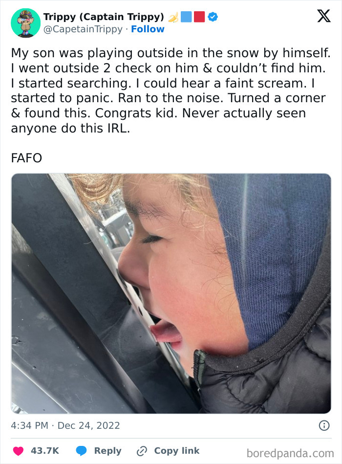 A child with tongue stuck to a metal pole in winter. Dumb clueless kids exploring outdoors.
