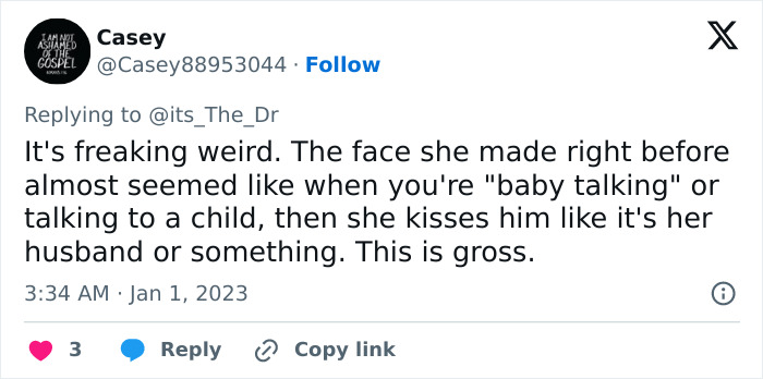 Tweet criticizing actress for kissing a young boy, calling it weird and gross, sparking social media outrage.