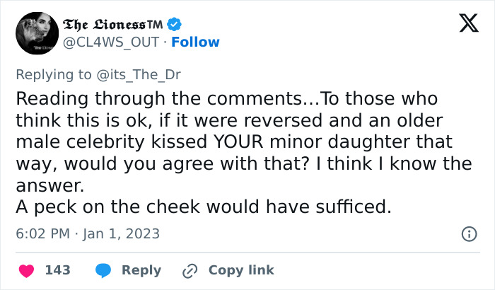 Tweet expressing outrage over Demi Moore kissing a 15-year-old boy, questioning the acceptability of such actions.