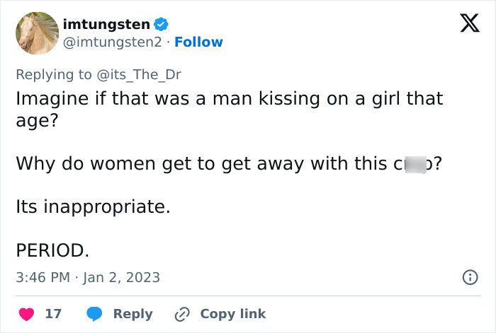 Tweet criticizing a resurfaced clip of Demi Moore kissing a young boy, calling it inappropriate and demanding accountability.