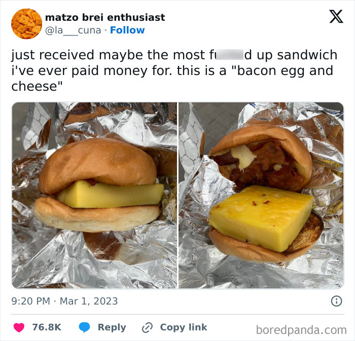 Sandwich with a thick slice of cheese on a bun, an example of infuriating food scams.