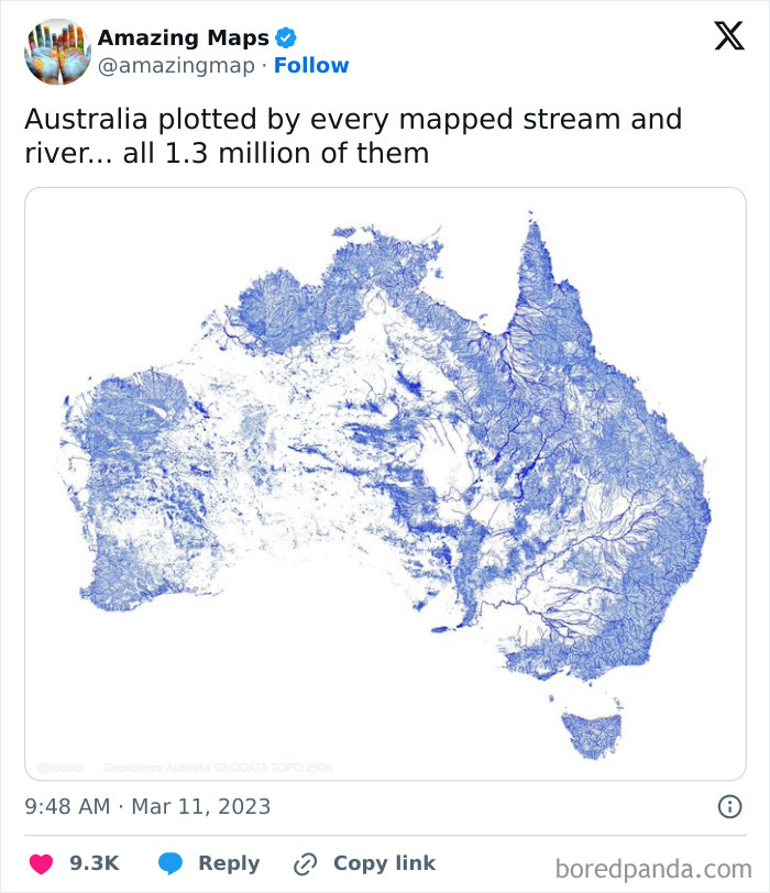 Map of Australia highlighting streams and rivers, illustrating 1.3 million waterways, changing perspective.
