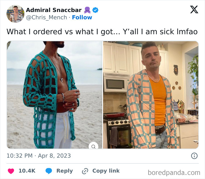 Side-by-side comparison of a turquoise beach cover-up and a low-quality item version at home.