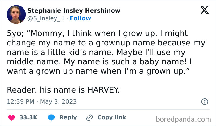 Tweet about a child's desire for a mature name; humorous interaction showcasing dumb-clueless-kids' curious thoughts.