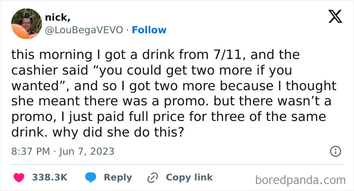 Tweet about misunderstanding a drink promo at 7/11, accidentally buying three drinks at full price.