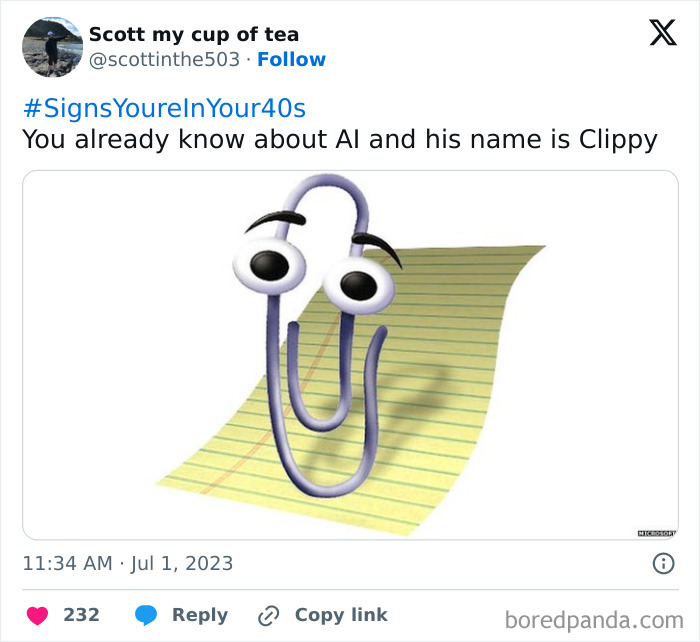 Clippy on a note paper with caption about AI, #SignsYoureInYour40s.