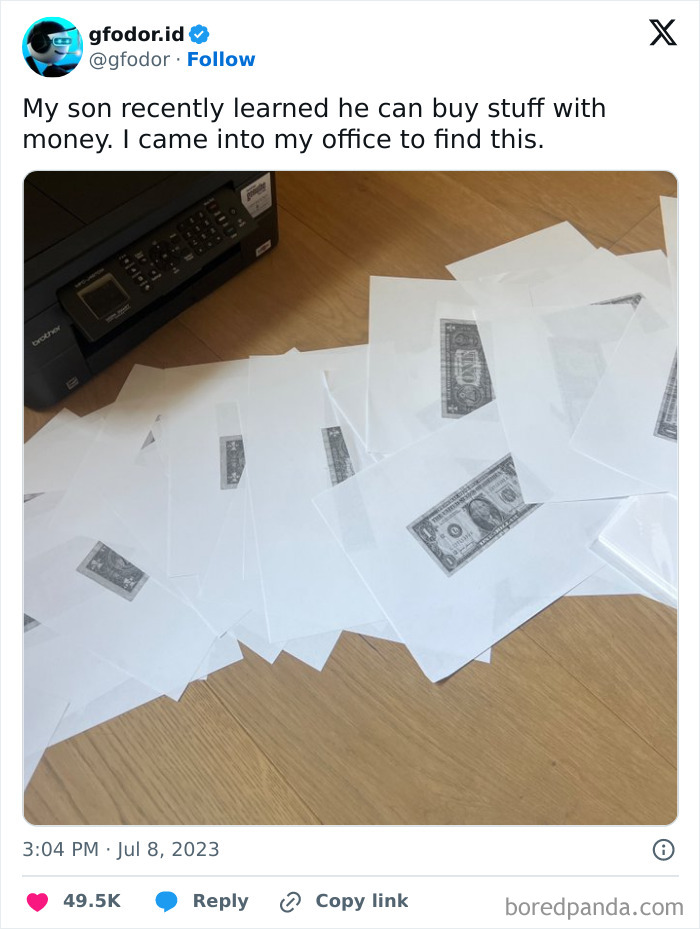 Printer surrounded by sheets of paper, each with a single dollar bill printed, illustrating a clueless kid's actions.