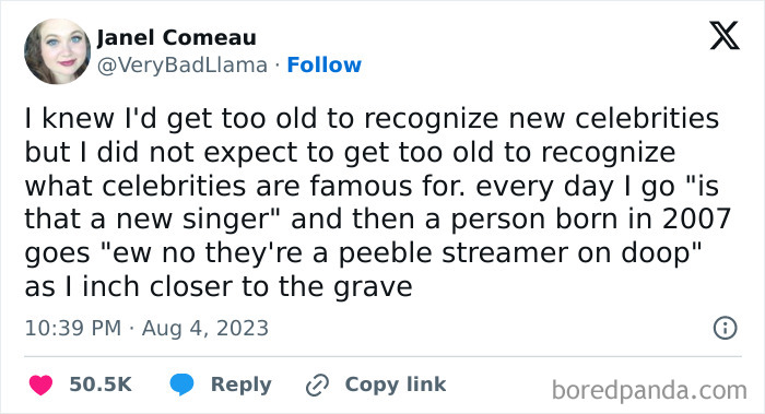 Tweet about feeling out of touch with new celebrities; a relatable meme for tired millennials.