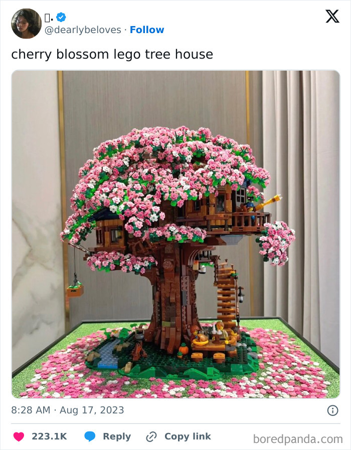 Cherry blossom-themed LEGO treehouse showcasing cool-LEGO-builds with intricate pink and green details.