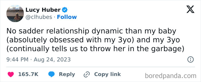 Tweet about a child's relationship dynamics, highlighting a humorous take on sibling interactions.
