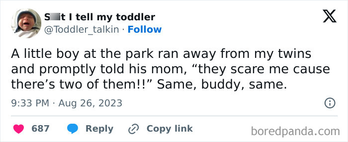 Funny toddler quote about twins at the park; boy tells mom, "they scare me cause there’s two of them!”