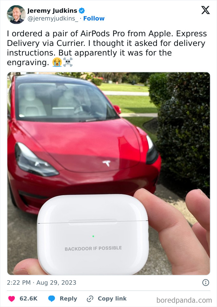 AirPods case with humorous engraving "BACKDOOR IF POSSIBLE" in front of a red Tesla, highlighting random memes.