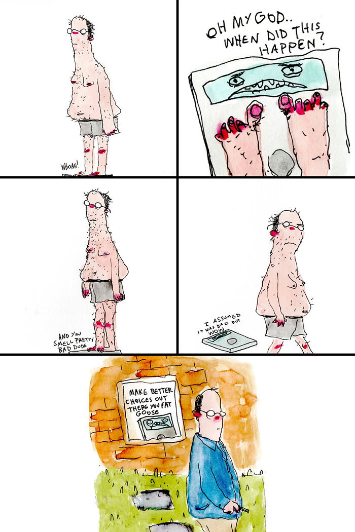 Man shocked by talking scale, showcasing Kyle Beaudette’s dark humor in a comedic illustration.