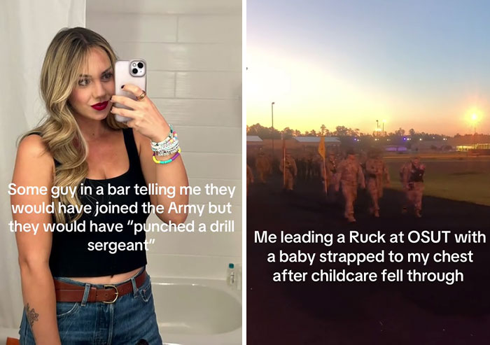 Split image showing TikTok trend: woman in a bathroom mirror and a group rucking with text captions.