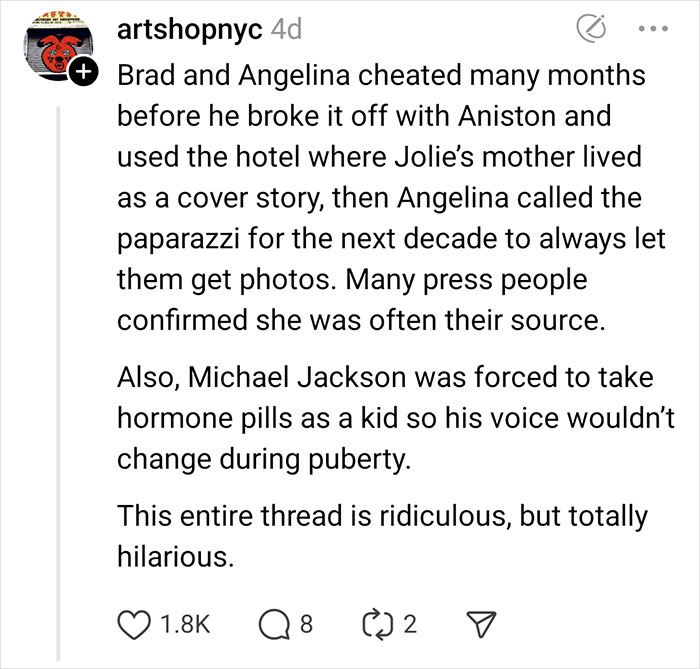 Social media post discussing celebrity rumors about Brad, Angelina, and Michael Jackson.