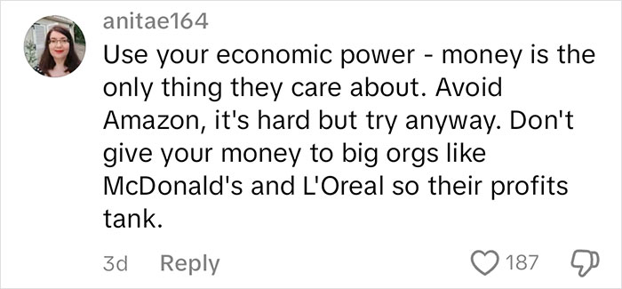 Comment suggesting economic power to affect big organizations like Amazon, McDonald's, L'Oreal.
